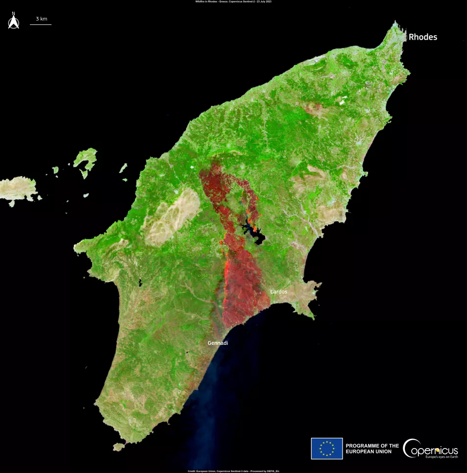 Rhodes fire satellite map