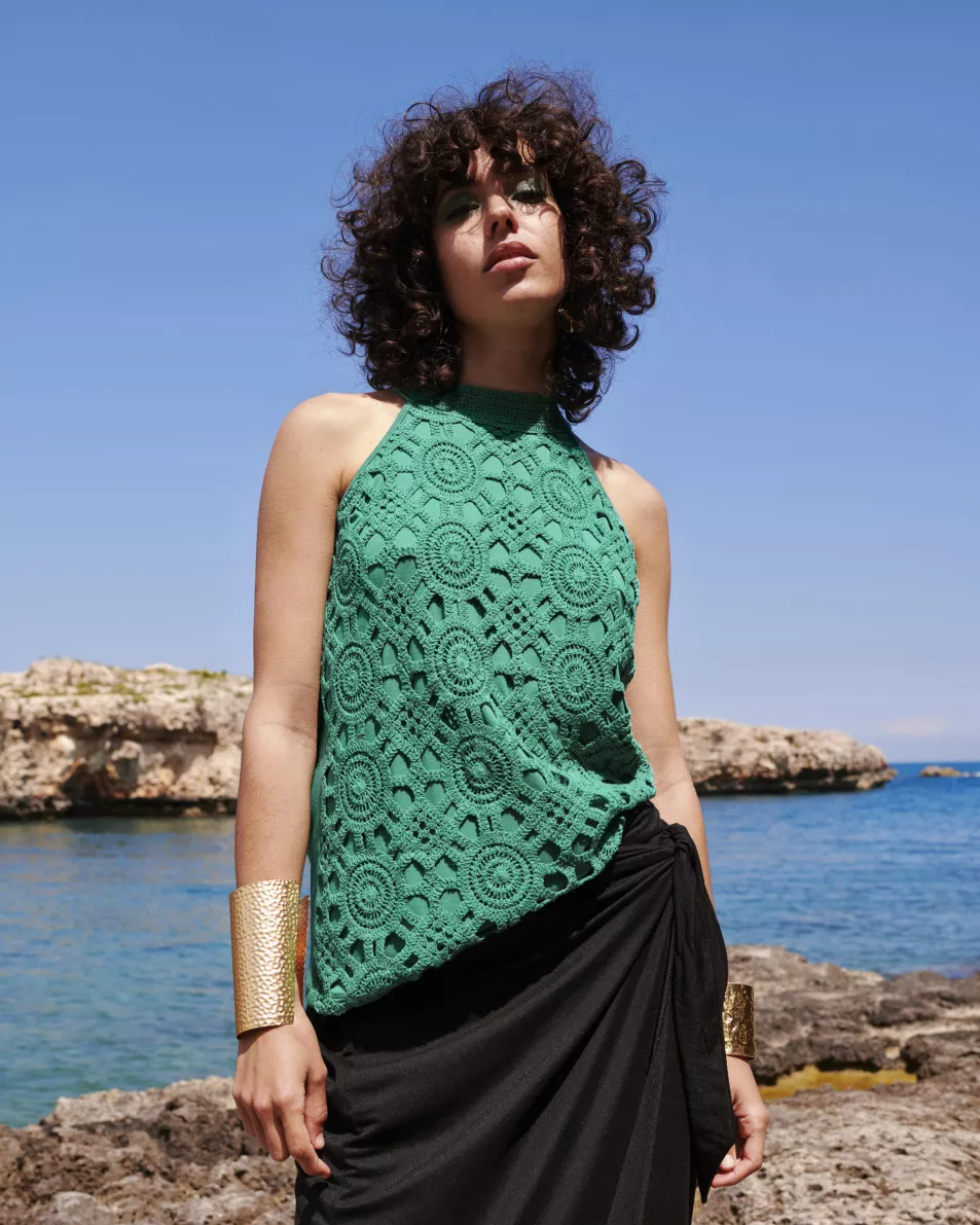 Monsoon Sleeveless Crochet Top with Lenzing Ecovero Green; Winnie Wrap Midi Skirt Black