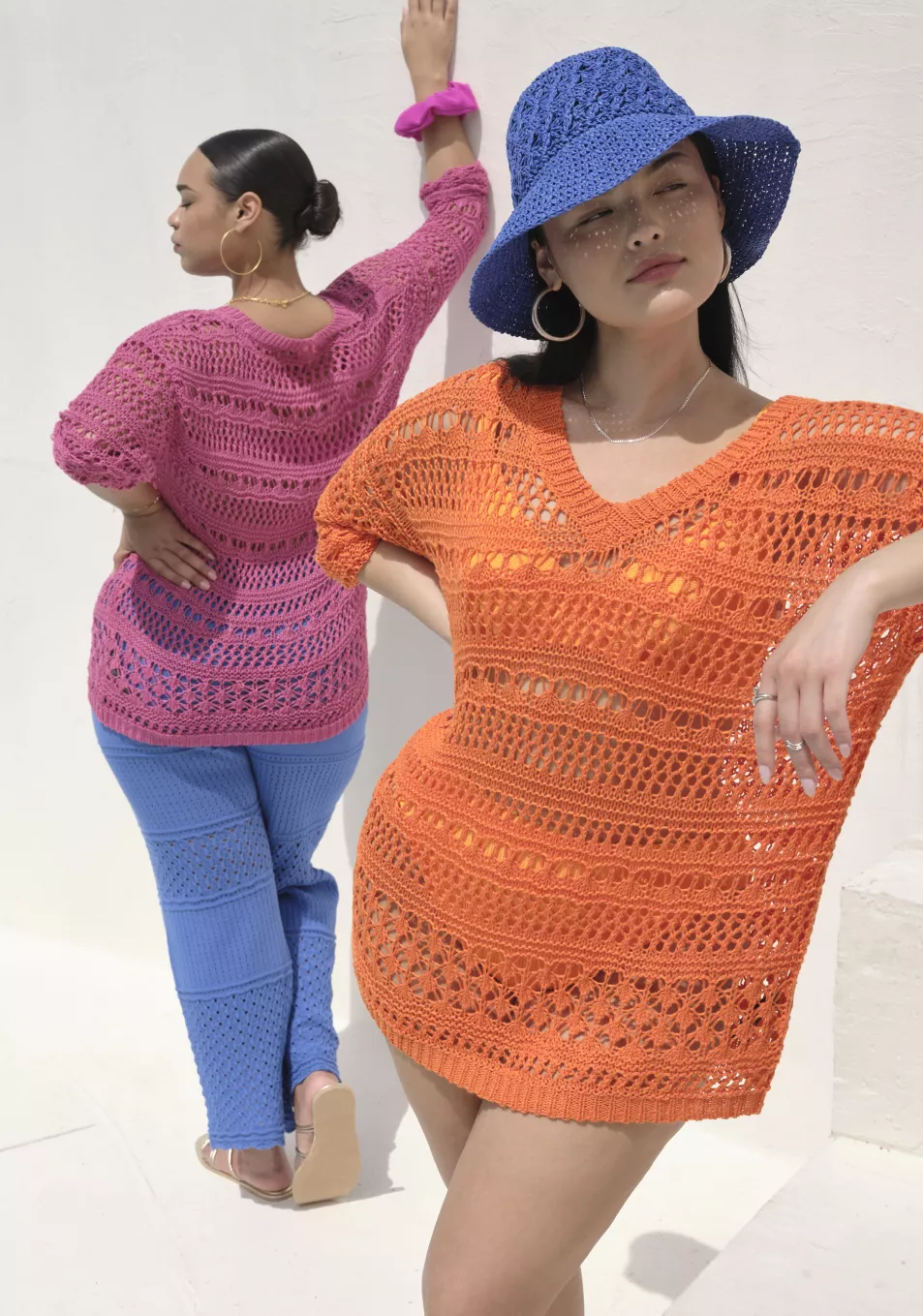 Simply Be Orange Wide V Neck Crochet Jumper; Blue Crochet Straw Hat; Pink Wide V Neck Crochet Jumper; Bright Blue Crochet Wide Leg Trouser Co-ord