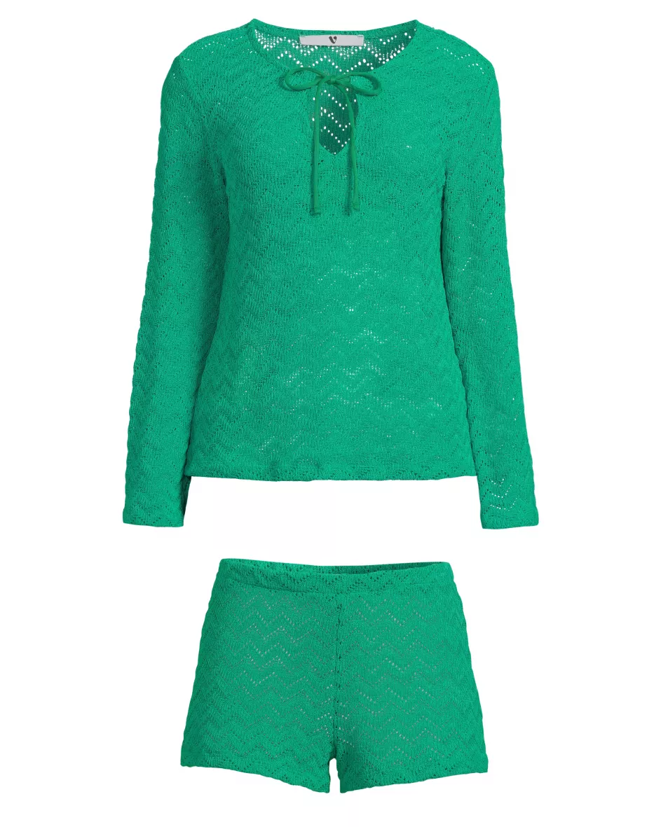 V by Very Crochet Flared Sleeve Top; V by Very Crochet Shorts Green