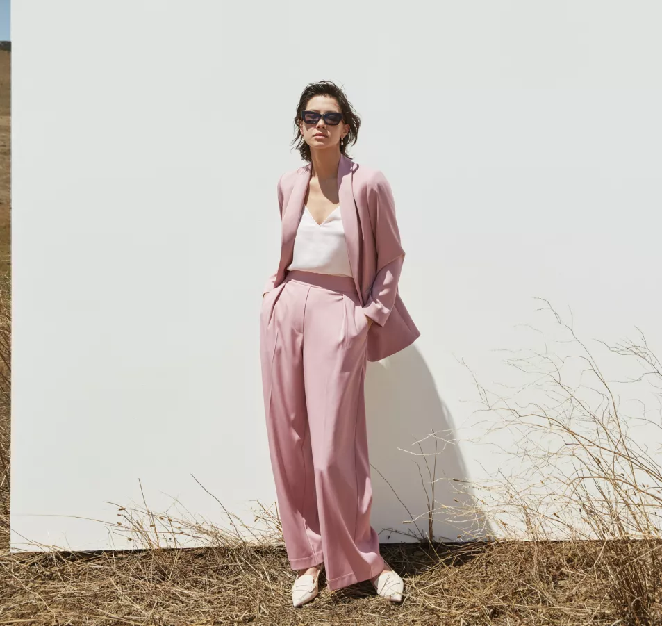 Marks and Spencer Collection Antique Rose Satin Look Relaxed Blazer; Collection Cami Top; Collection Antique Rose Satin Twill Wide Leg Trousers; Leather Kitten Heel Pointed Slingback Shoes