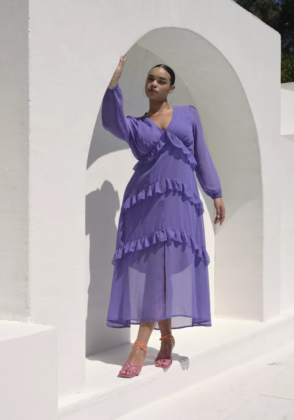 Simply Be Purple Long Sleeve Frill Tiered Maxi Dress; Carrieann Strappy Ankle Tie Sandals
