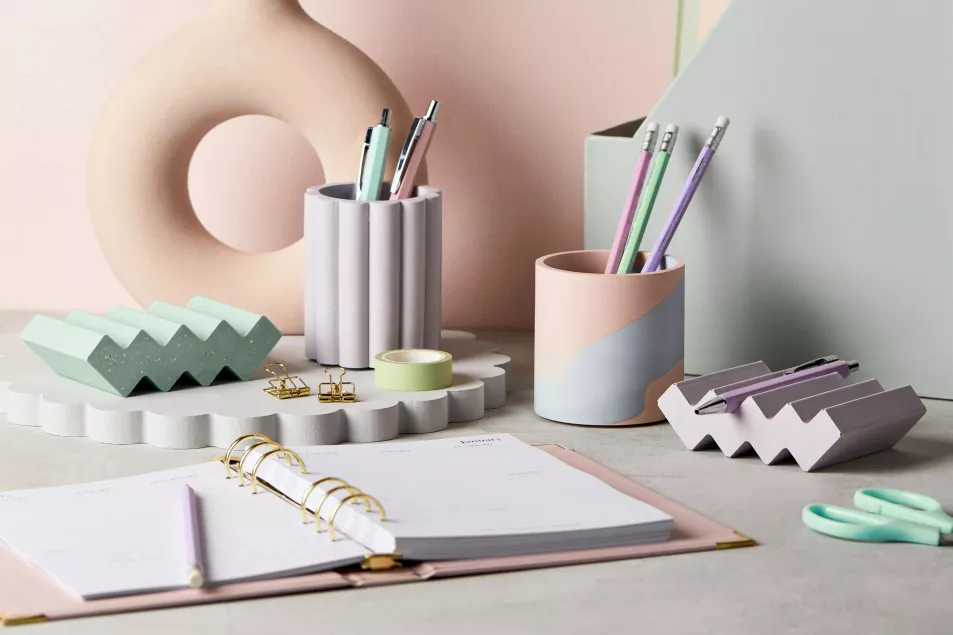 Martha Brook Desk Accessories: Pastel Coloured Pen Pot, Light Lilac, Two Tone Pastel Pen Pot, Pastel Grooved Coaster Or Pen Holder, rest of items from a selection, Martha Brook