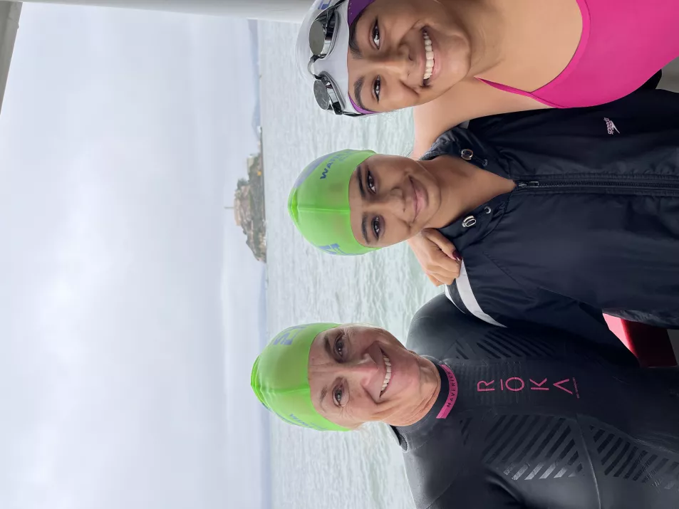Louise Minchin swimming from Alcatraz with Anaya and Mitali Khanzode (Bloomsbury Sport/PA)