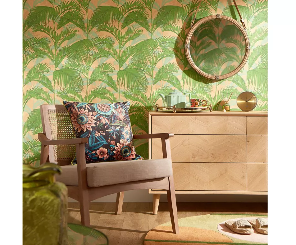 Lust Home Miami Vibe Wallpaper in Grass Green and Peach, £45, Lust Home