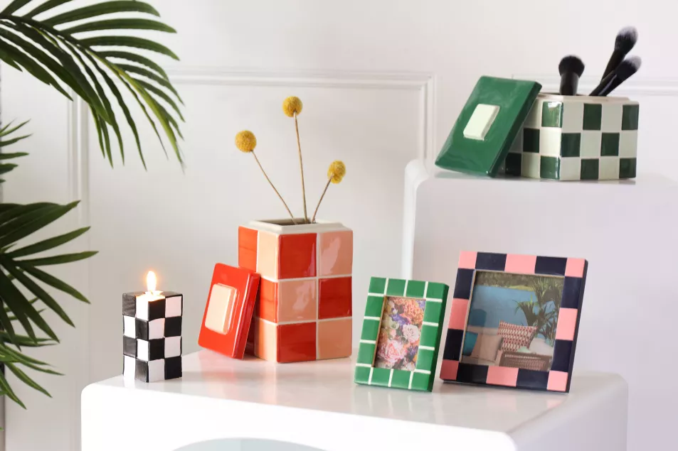 Red and Pink Checkered Jar, £28, Pink Checkered Photo Frame, £22, Gren Check Rectangle Photo Frame, £16, rest of items from a selection, Rockett St George