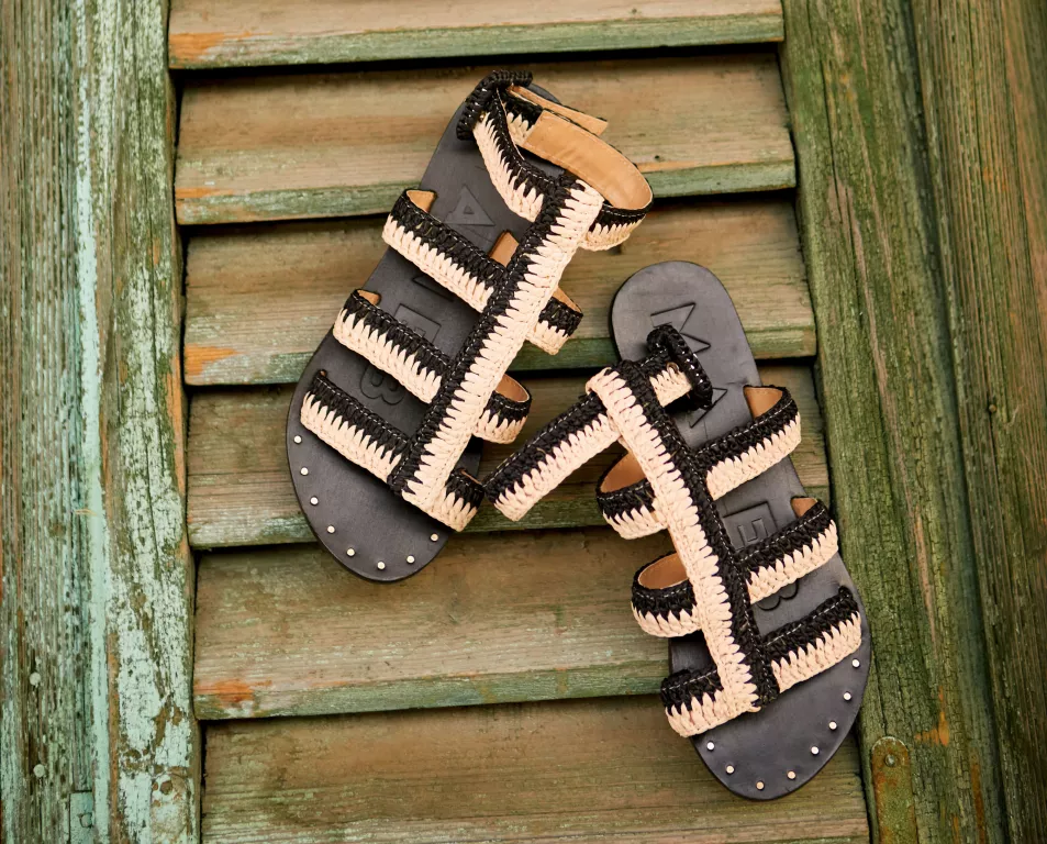 Manebi Black & Natural Raffia Gladiator Sandals