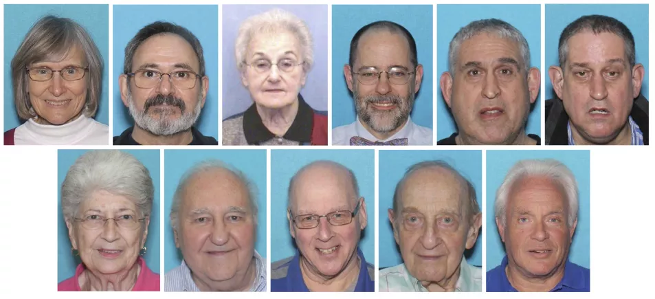 Victims of the shooting top row, from left, Joyce Fienberg, Richard Gottfried, Rose Mallinger, Jerry Rabinowitz, Cecil Rosenthal, and David Rosenthal; bottom row, from left, Bernice Simon, Sylvan Simon, Dan Stein, Melvin Wax, and Irving Younger