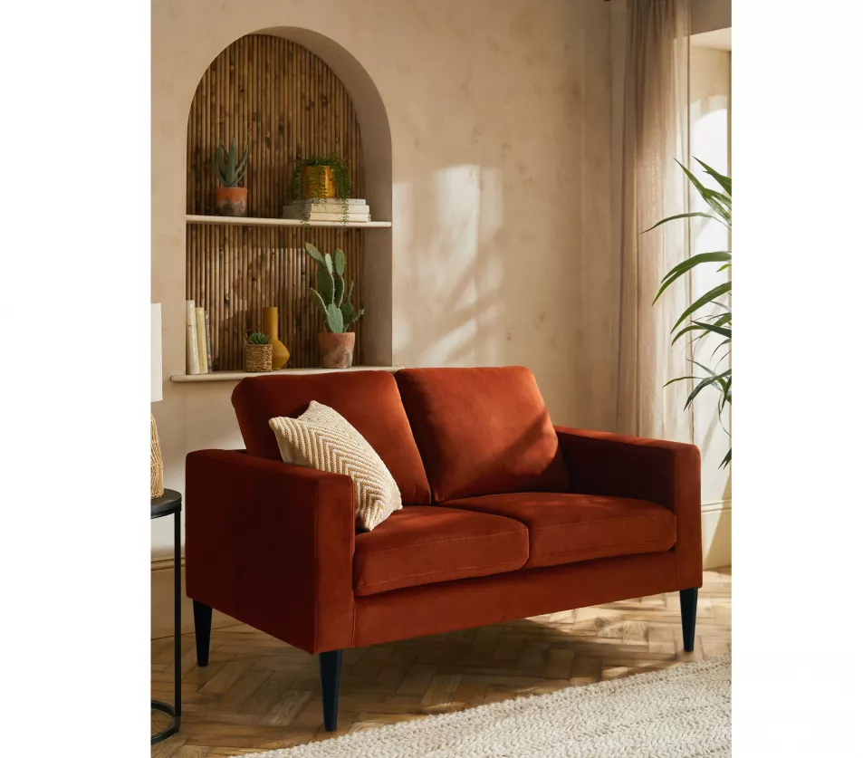 Hutton Compact 2 seater ‘sofa in a box,’ Soft Velvet Rust Brown, Next
