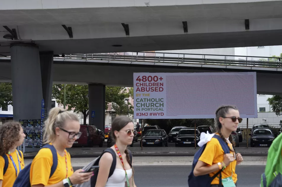 A protest billboard against alleged child abuse by the catholic church in Alges, just outside Lisbon