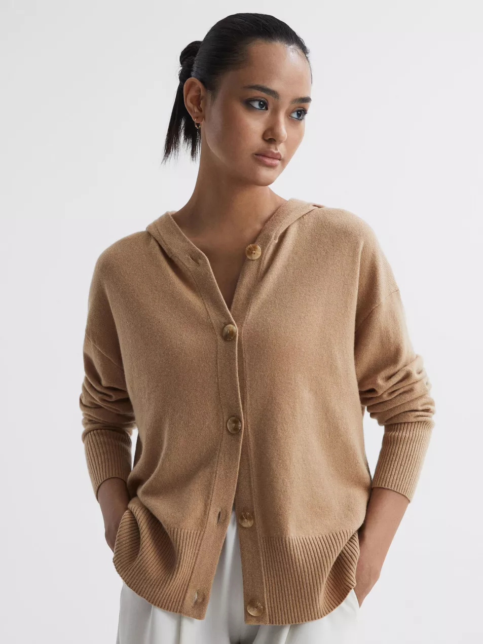 Reiss Evie Cashmere Wool Hooded Cardigan, Camel