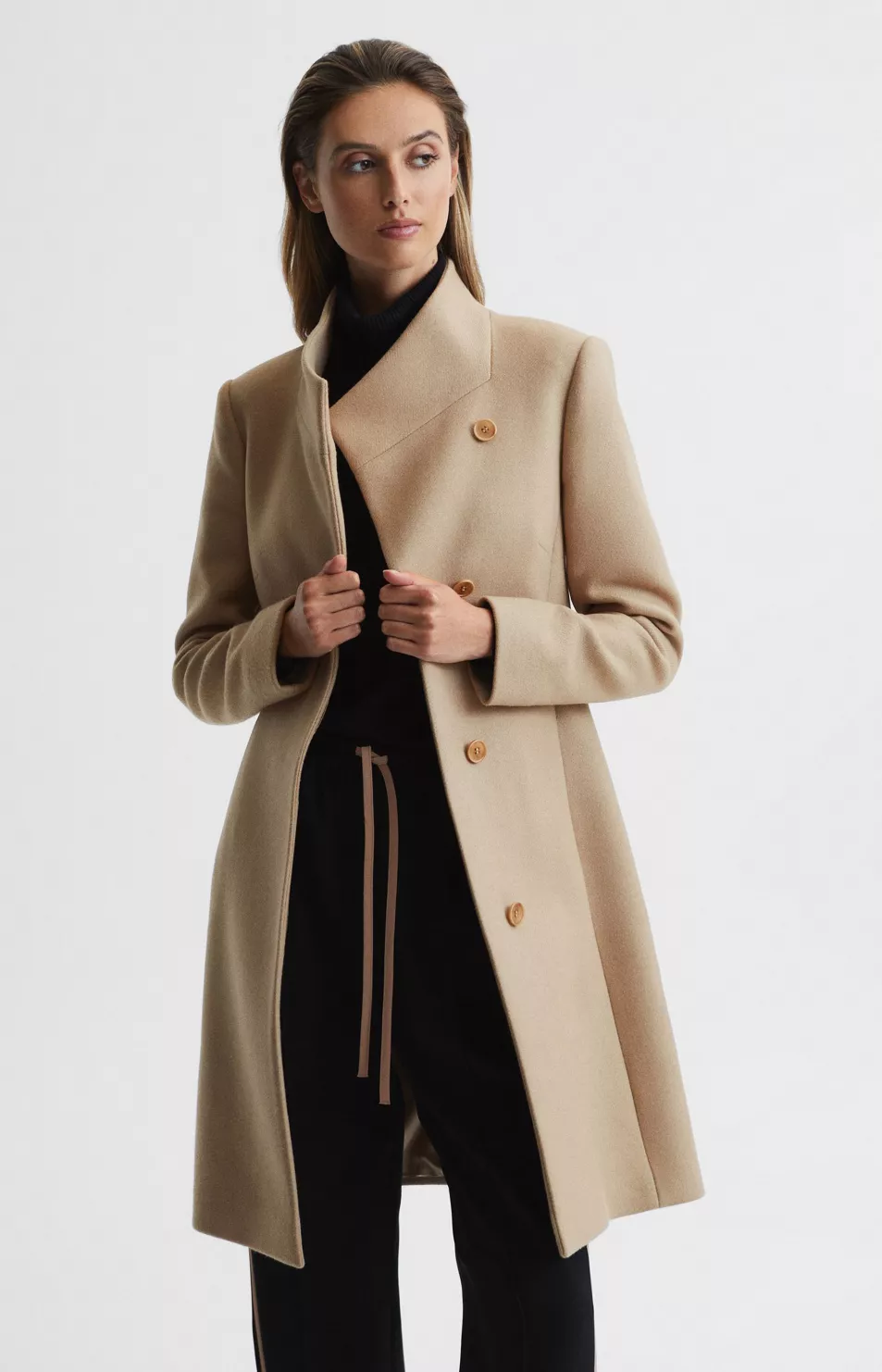 Reiss Mia Wool-Blend Mid Length Coat, Camel