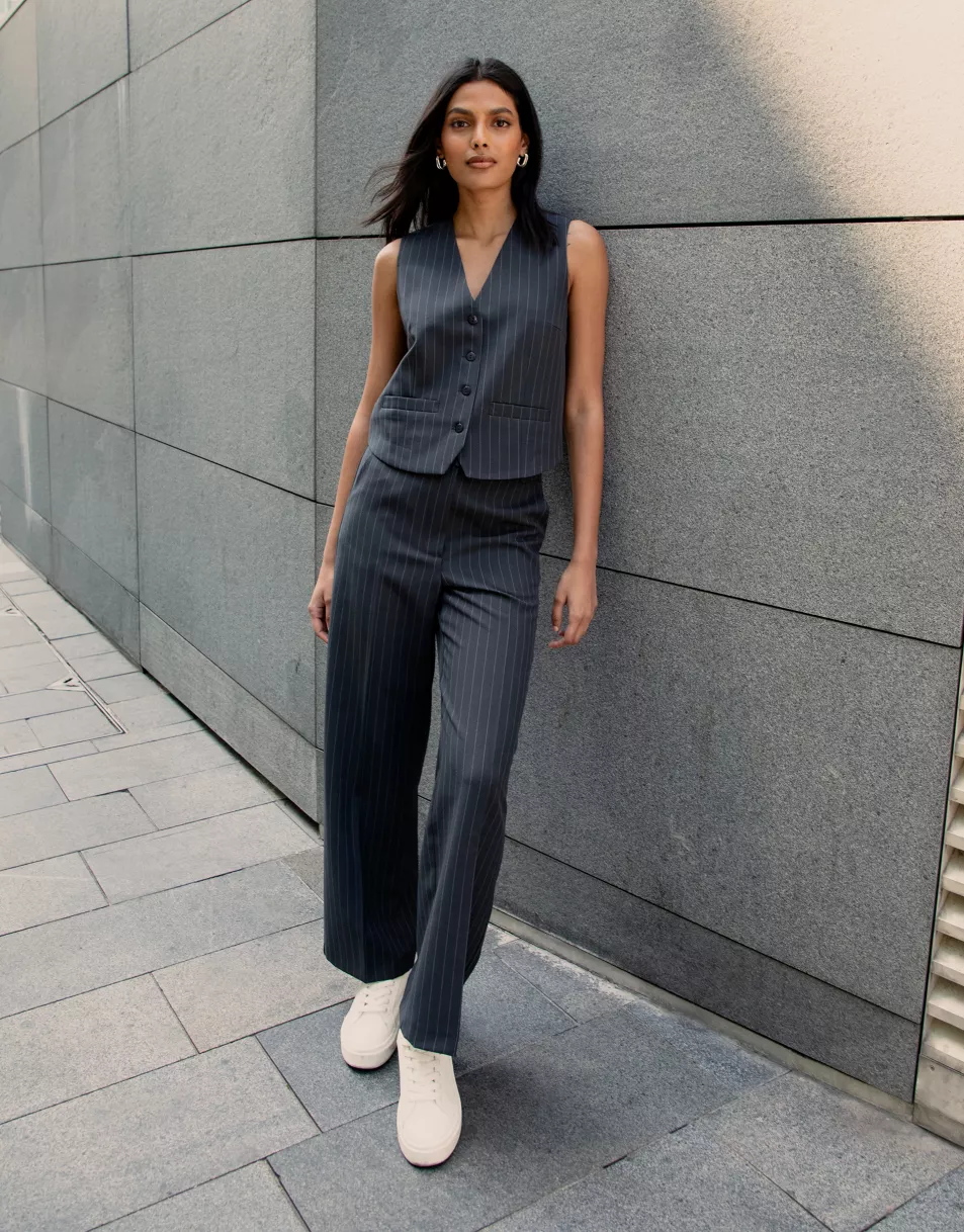Threadbare Women's Charcoal Pinstripe Lined Fitted Tailored Waistcoat; Women's Charcoal Pinstripe Wide Leg Tailored Trousers