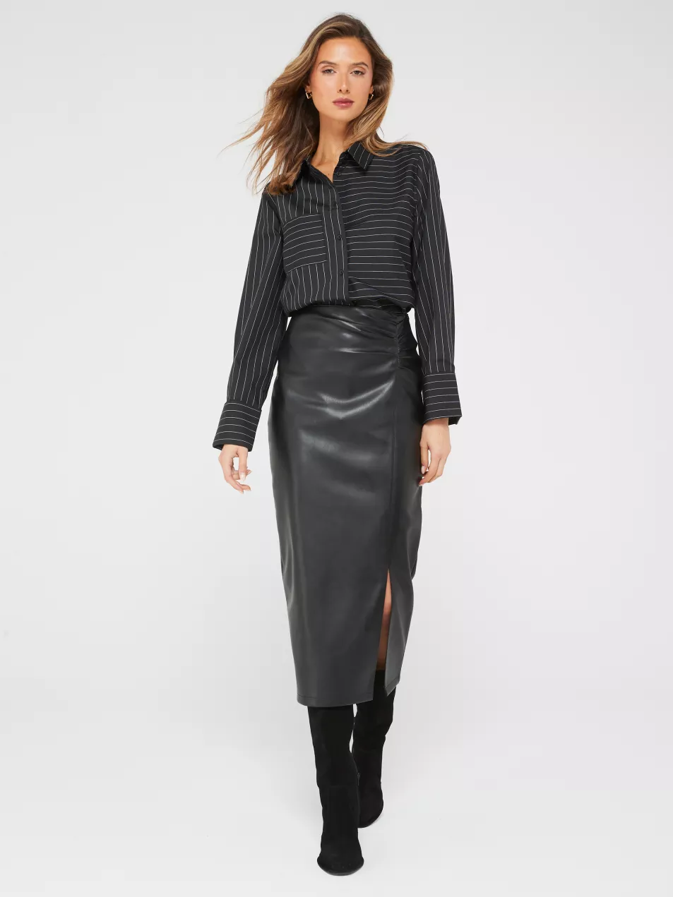 Fig & Basil Ls Pinstripe Shirt; Fig & Basil PU Ruched Midi Skirt; V by Very Wide Fit Block Heel Slouch Knee Boot With Wider Fitting Calf