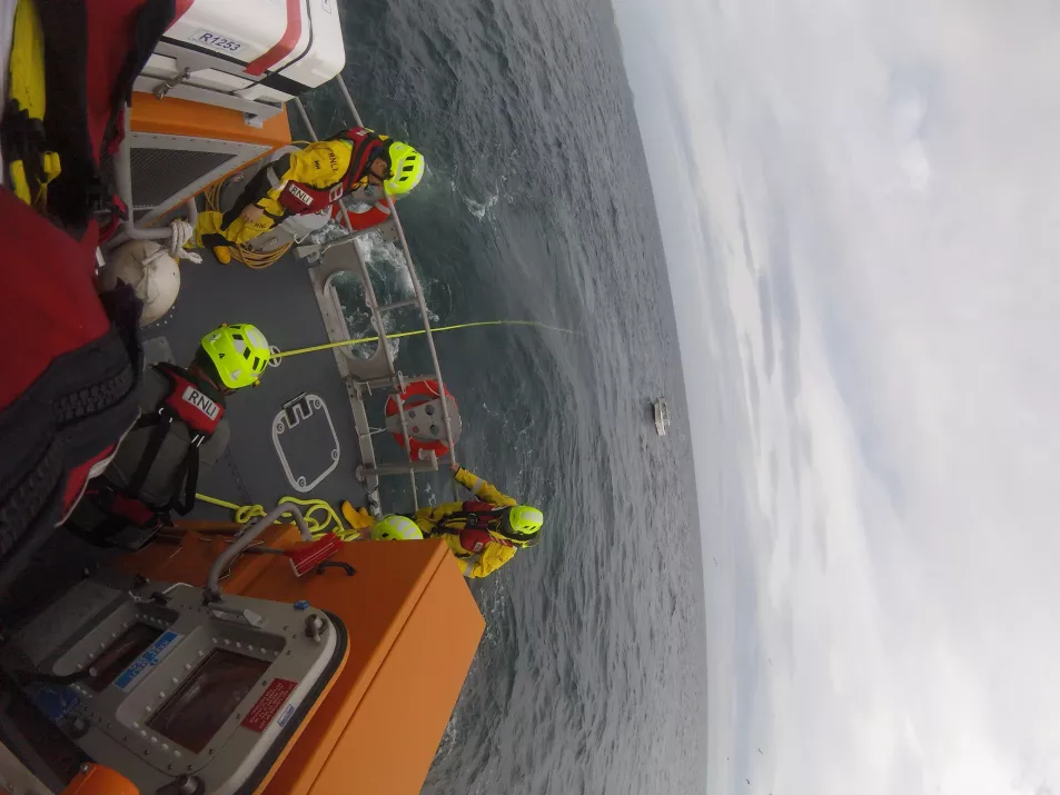 he 7m motor boat with five passengers that lost power 2 miles from the coast of Co. Cork that was brought to safety by a RNLI volunteer lifeboat crew from Ballycotton. (RNLI handout)