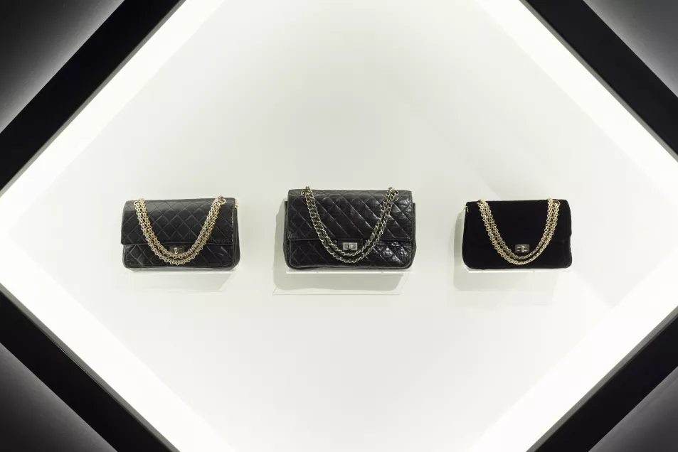 Handbags on display at the V&A's Gabrielle Chanel. Fashion Manifesto exhibition