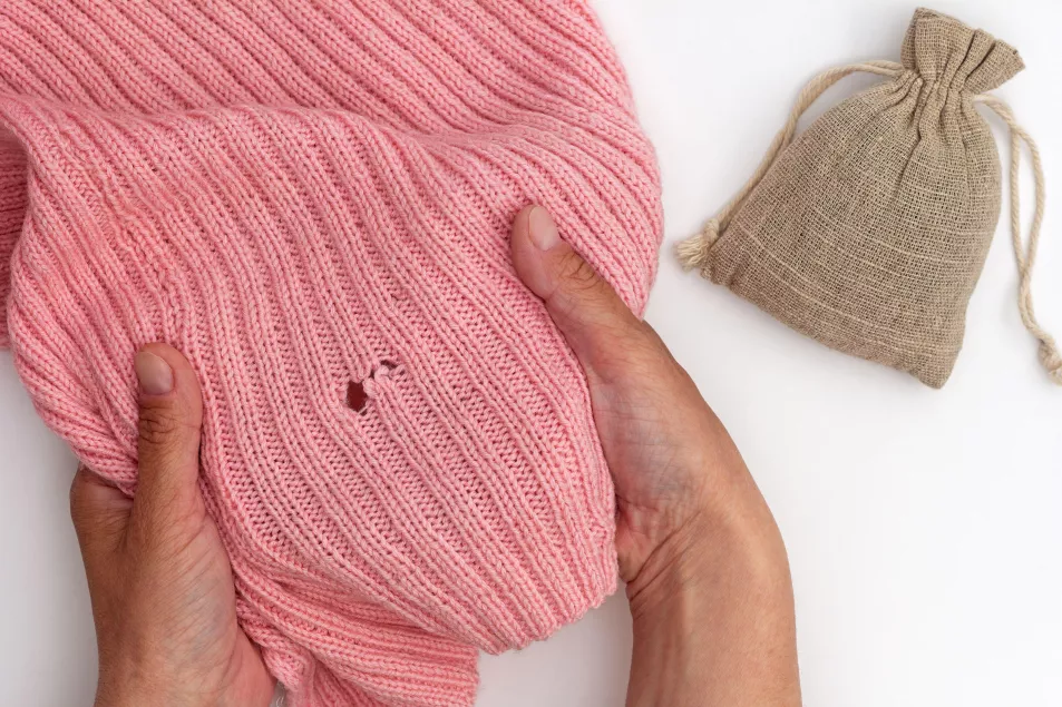 Woman holding pink jumper with moth hole