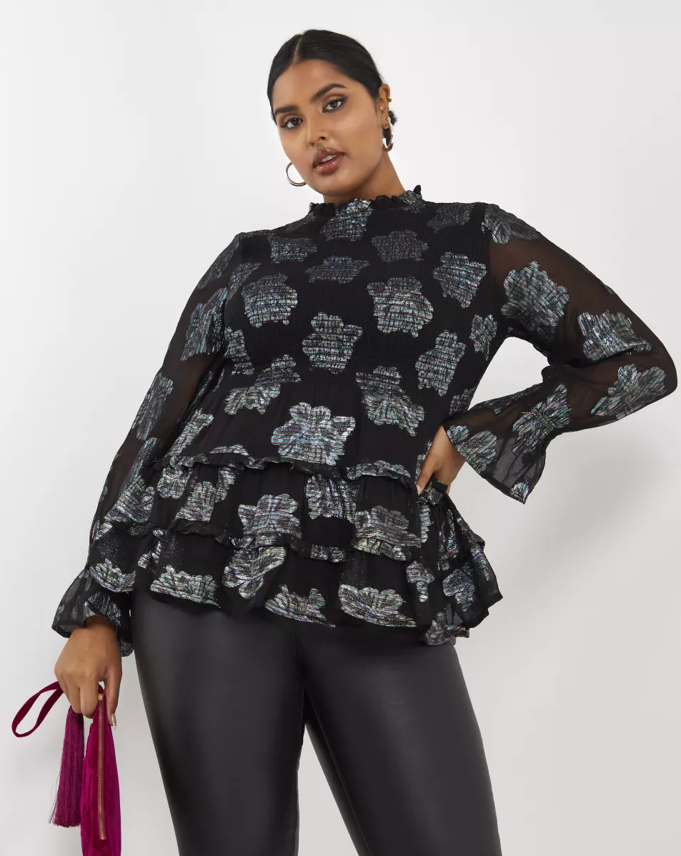 Simply Be Foil Rainbow High Neck Shirred Tiered Blouse with Sheer Fluted Sleeves; Black Seam Detail High Waist PU Leggings