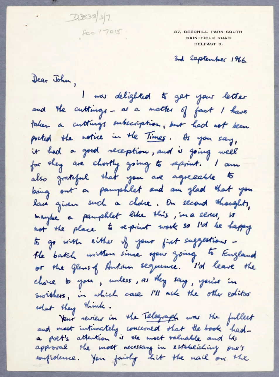 Seamus Heaney’s letter to John Hewitt in September 1966
