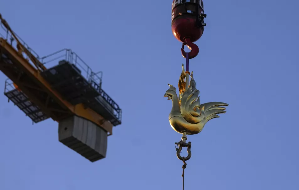 The replica of the golden rooster is craned up to the top of the Notre Dame cathedral spire as part of restoration works