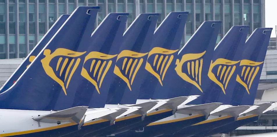 Ryanair jets parked up on the runway of Dublin airport 