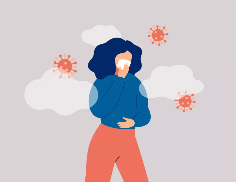 illustration of Sick woman surround microbes is wearing face mask