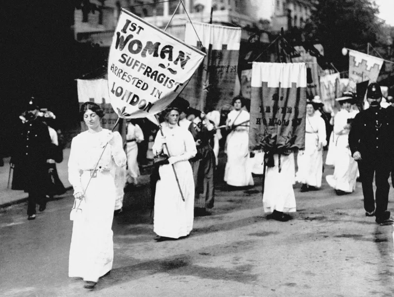 Suffragettes protest in London in 1908 wearing white