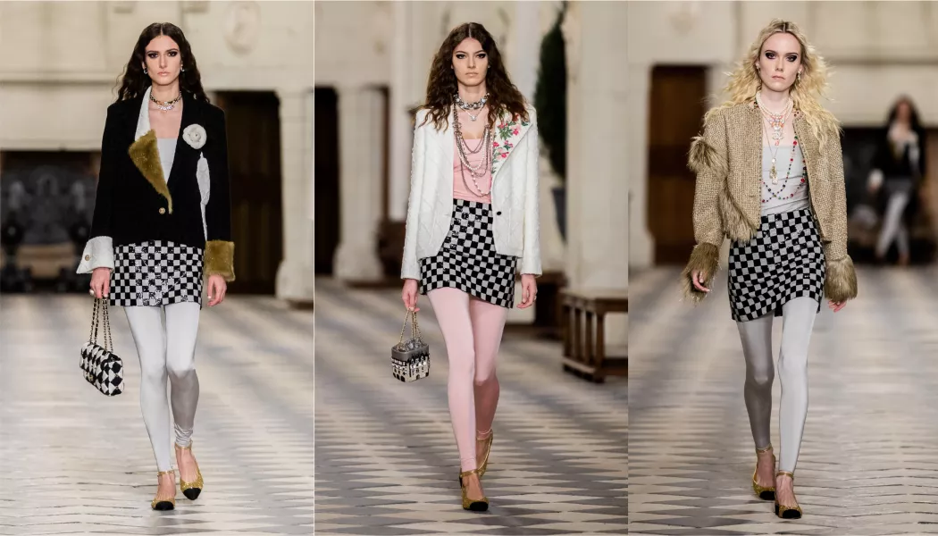 Models wearing leggings under skirts at the Chanel show