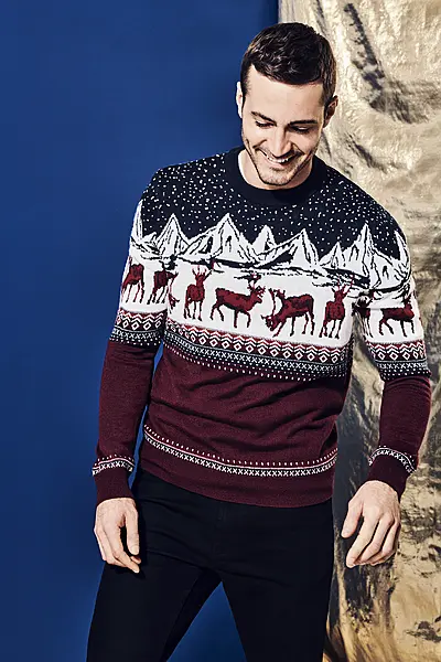 Burton Burgundy Reindeer Crew Jumper; Navy Skinny Fit Chinos With Organic Cotton