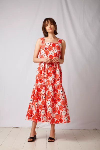 Omnes BCI Cotton Tiered Midi Dress in Poppy Print