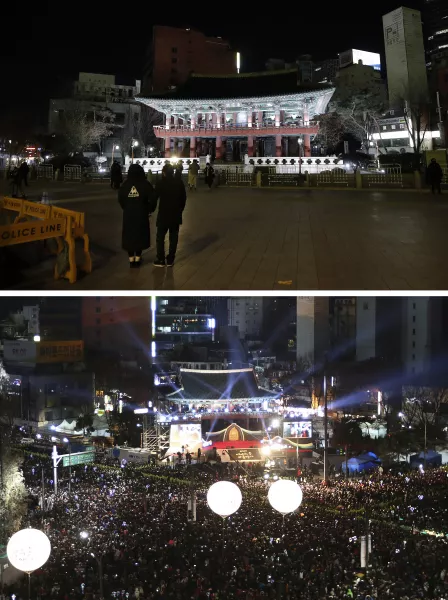 A combo image showing Bosingak pavilion where the place for the annual New Year's Eve bell-ringing ceremony, the top photo taken on Thursday December 31 2020 and the bottom one on Friday January 1 2018 