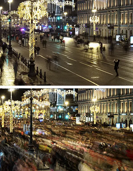 New year celebrations in St Petersburg, Russia, on January 1 2021, top, and on January 1 2020