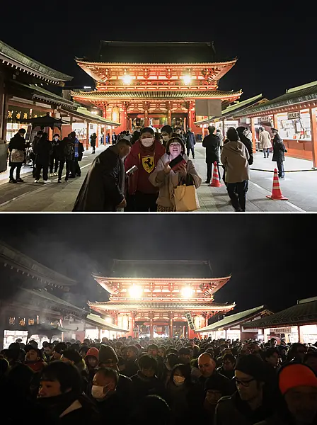 Sensoji Temple in Tokyo on December 31 2020, top, and on January 1 last year