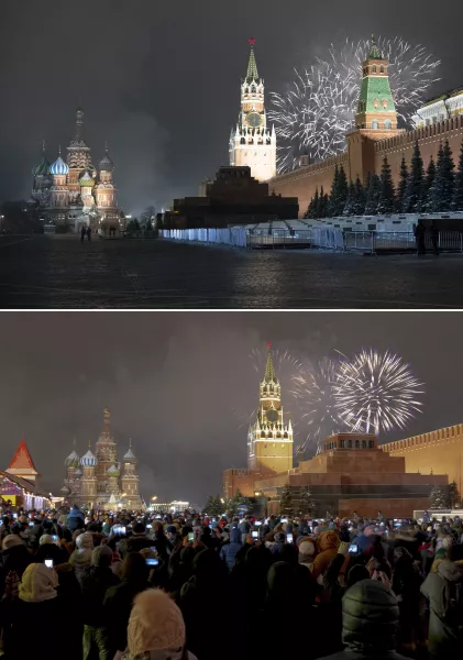 Fireworks exploding over the Kremlin and the Spasskaya Tower with St Basil's Cathedral at left in an almost empty Red Square in Moscow, Russia, on December 31 2020, top, and on December 31 2019