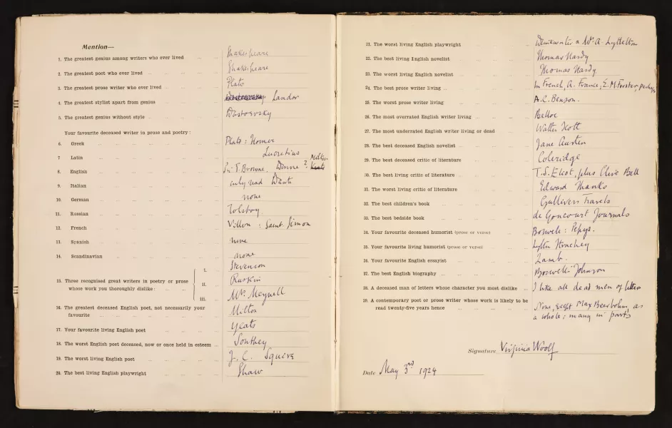 Virginia Woolf answered all 39 questions in her distinctive purple ink (Dominic Winter Auctioneers/PA).
