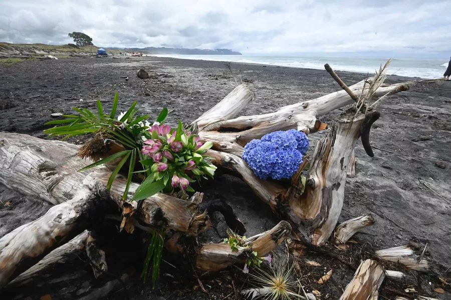 Flowers are placed on a beach following a shark attack at Bowentown, near Waihi, in New Zealand