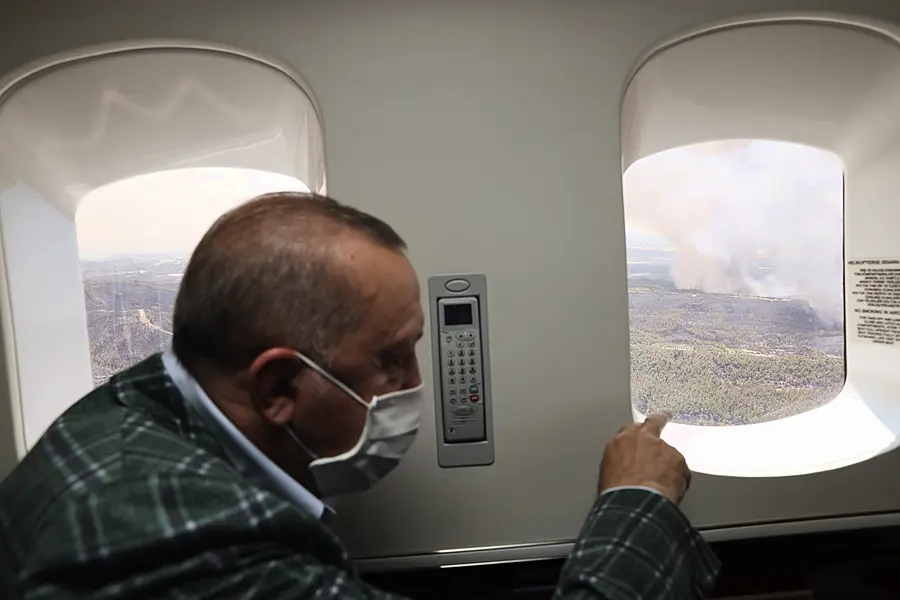 Turkey's President Recep Tayyip Erdogan watches from his plane the wildfires in Manavgat, Antalya, Turkey (Turkish Presidency via AP)