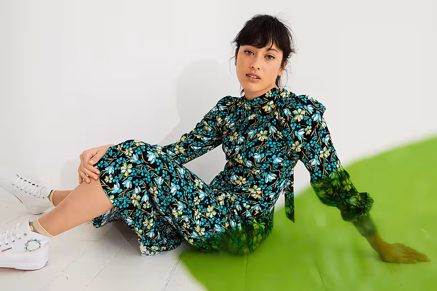 Oliver Bonas Orchid Print Black Midi Dress, £75; Superga & Oliver Bonas Embroidered Flower Trainers, £75