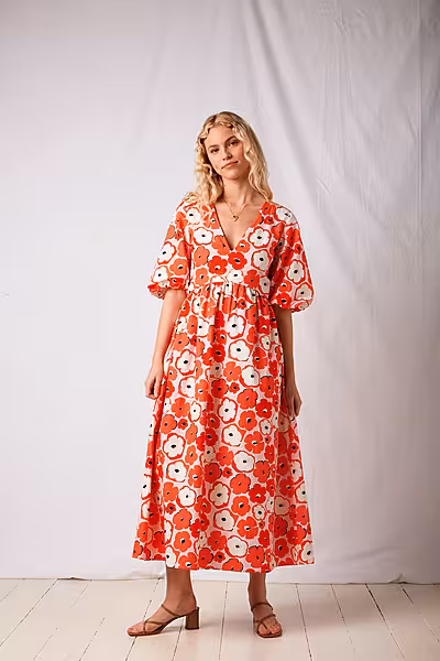 Omnes BCI Cotton Puff Sleeve Midi Smock Dress in Poppy Print, £75