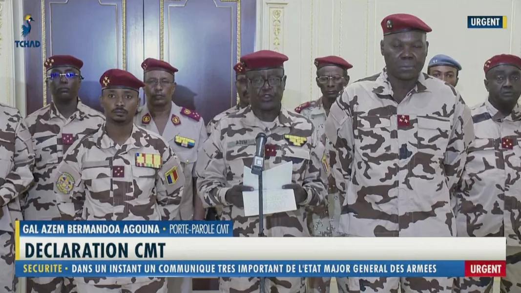 Chad army spokesman General Azem Bermandoa Agouna announces the death of Chadian President Idriss Deby Itno on state television