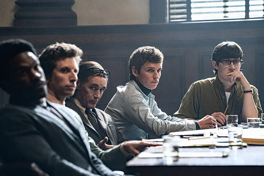 Yahya Abdul-Mateen II as Bobby Seale, Ben Shenkman as Leonard Weinglass, Mark Rylance as William Kunstler, Eddie Redmayne as Tom Hayden and Alex Sharp as Rennie Davis in The Trial Of The Chicago 7 (Netflix/Nico Tavernise)