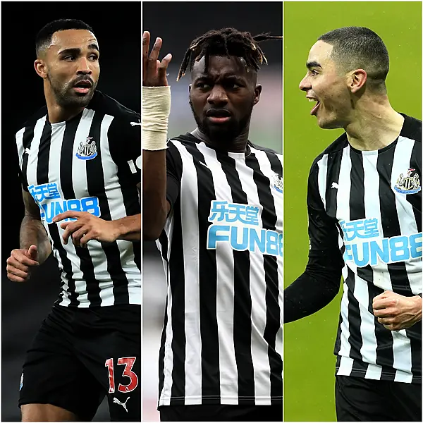 (Left to right), Newcastle's Callum Wilson, Alan Saint-Maximin and Miguel Almiron