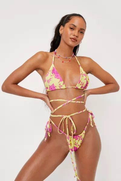 Nasty Gal Bold Floral Print Triangle Strappy Bikini Set