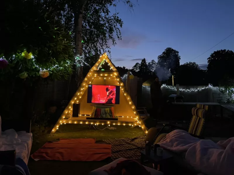 The homemade Pyramid Stage in Felicity Cooney and Freddy Bevan's garden (Felicity Cooney/PA)