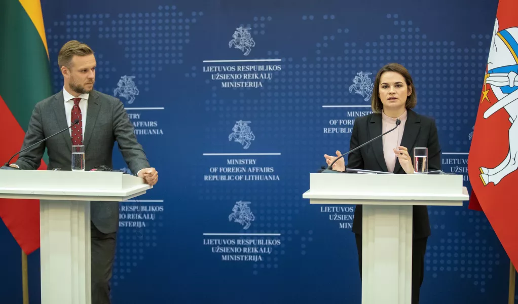 Belarusian opposition leader Sviatlana Tsikhanouskaya, right, speaks during a press conference with Lithuania's minister of foreign affairs Gabrielius Landsbergis in the Ministry of Foreign Affairs in Vilnius, Lithuania