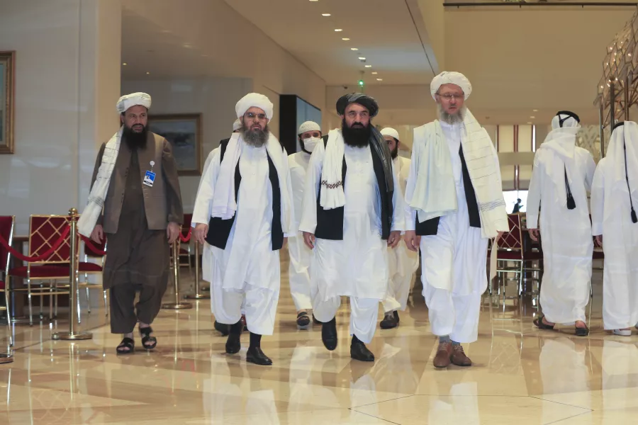 The Taliban delegation arrives for Afghan peace talks in Doha, Qatar