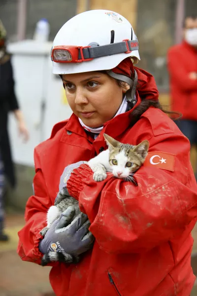 A rescue worker holds a kitten she saved from a building in Bozkurt, Turkey