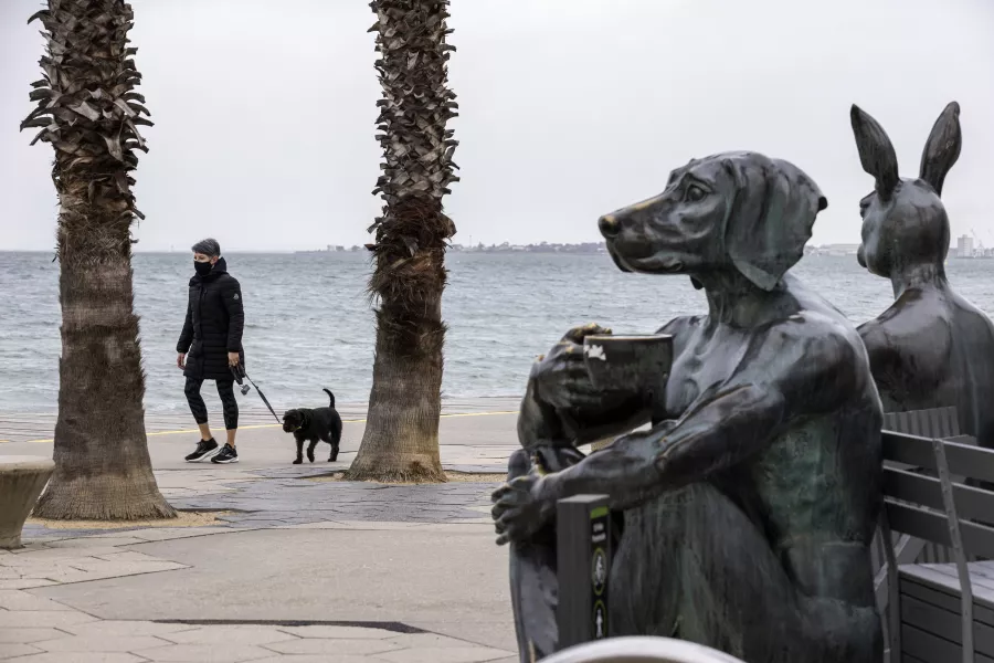 A person walks a dog along St Kilda foreshore in Melbourne