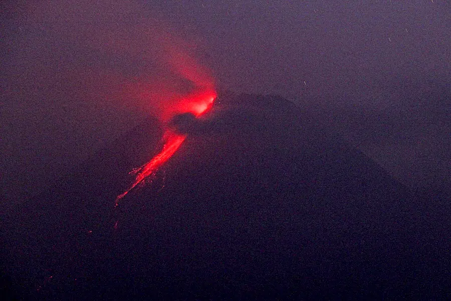 Hot lava runs down from the crater of Mount Merapi in Sleman, Yogyakarta, Indonesia