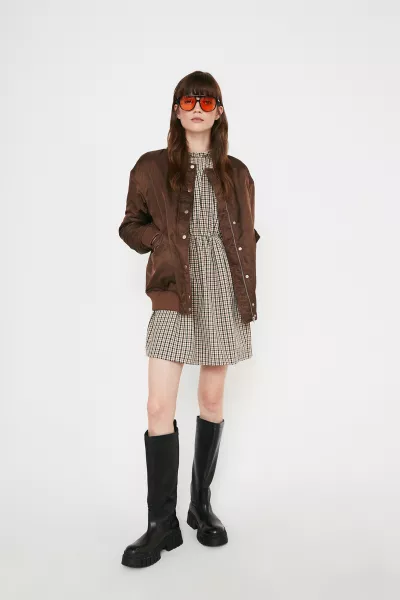 Warehouse Popper Front Bomber Jacket; Check Frill and Lace Up Detail Mini Dress; Leather Chunky Knee High Boots